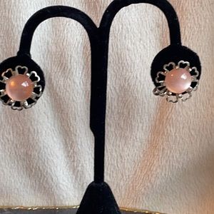 VTG pink moonglow cabachon screwback earrings set silver scalloped setting 1”